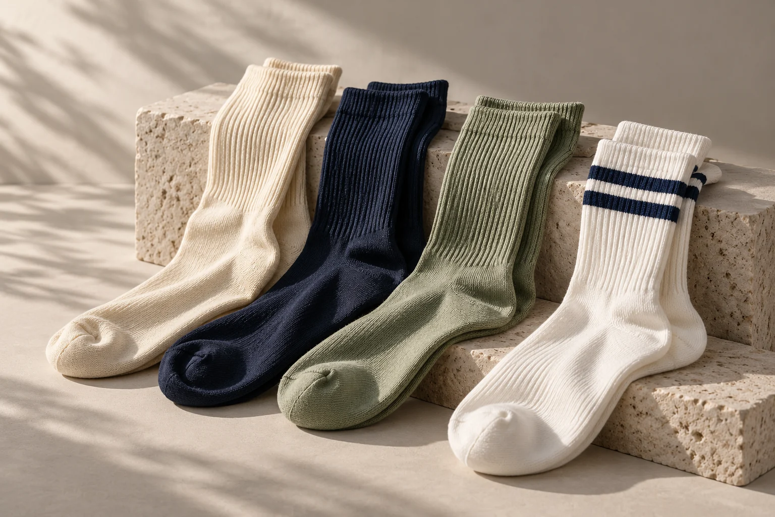 Editorial sock concepts in cream, navy and sage arranged on limestone blocks
