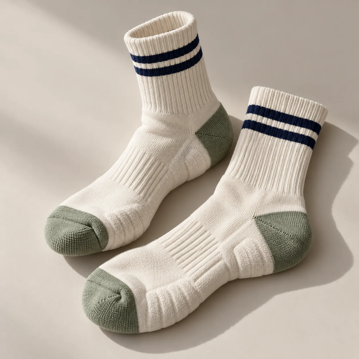 Off-white athletic sock concept with navy stripes and sage details