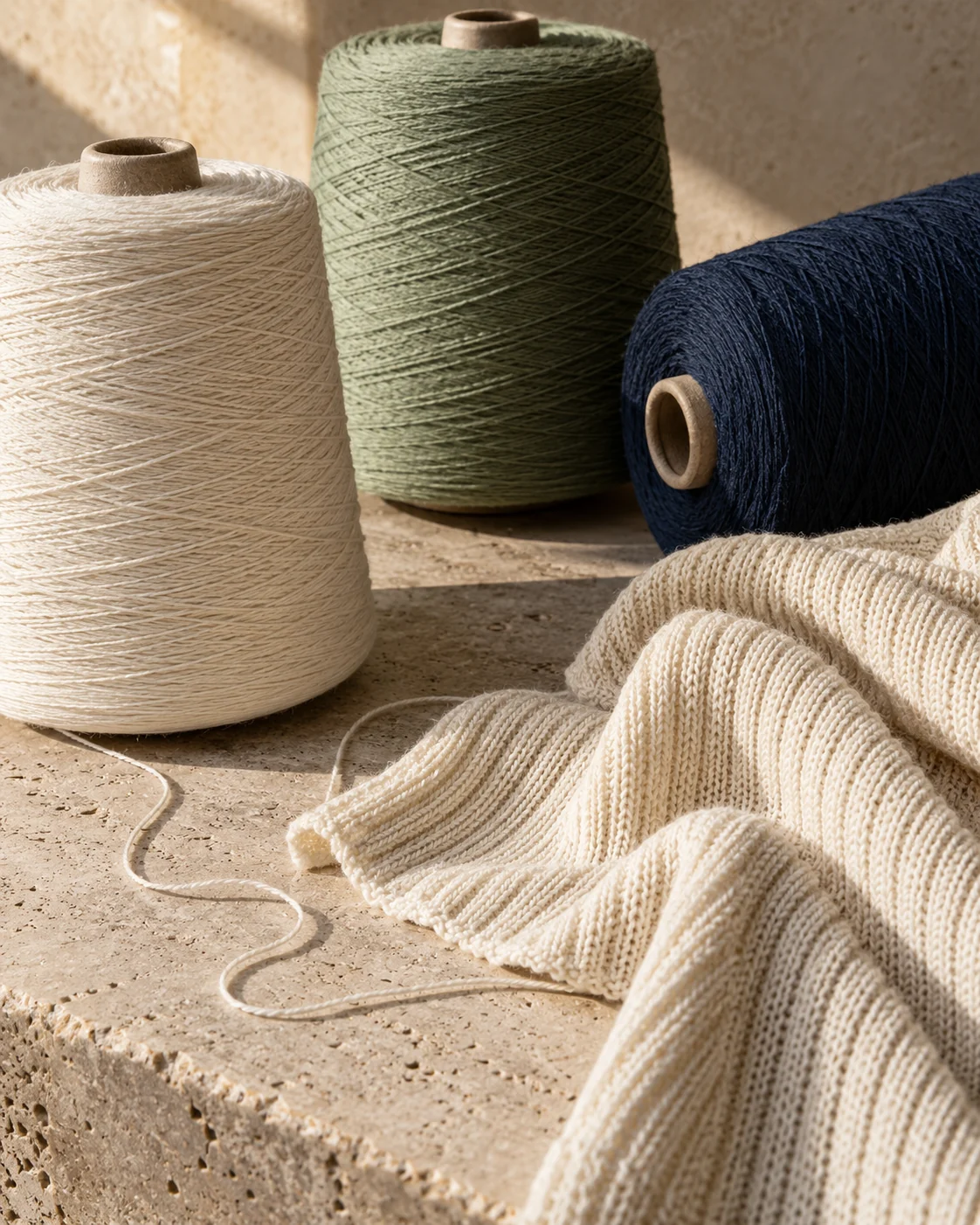 A tactile study of cream, sage and navy yarn with a rib-knit swatch